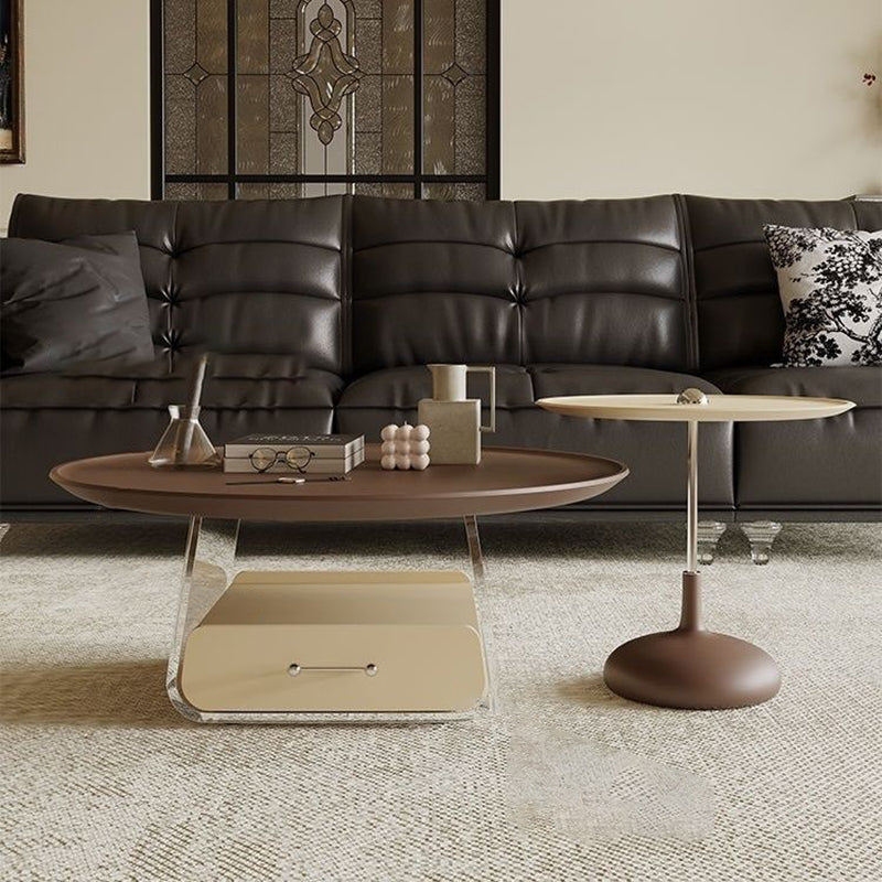 Traditional French Plank, Acrylic & Wood Round Trapezoid Coffee Table With 1-Drawer For Bedroom And Living Room