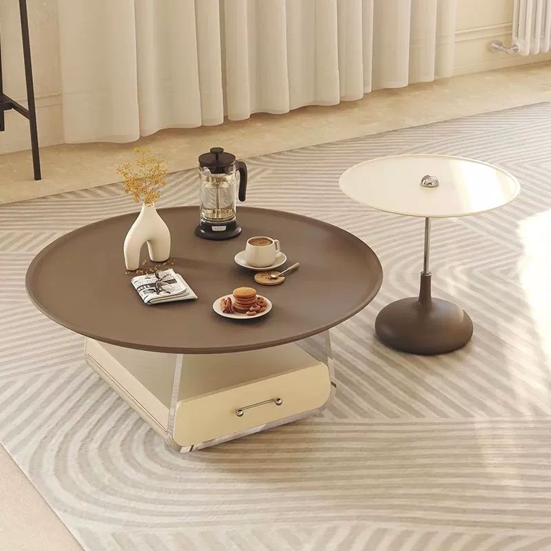 Traditional French Plank, Acrylic & Wood Round Trapezoid Coffee Table With 1-Drawer For Bedroom And Living Room