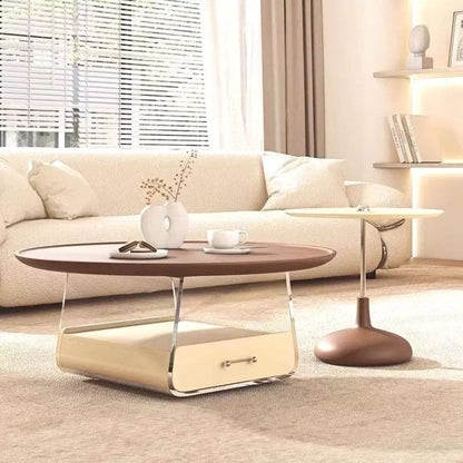 Traditional French Plank, Acrylic & Wood Round Trapezoid Coffee Table With 1-Drawer For Bedroom And Living Room