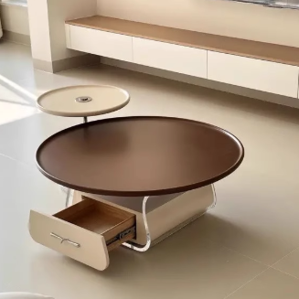 Traditional French Plank, Acrylic & Wood Round Trapezoid Coffee Table With 1-Drawer For Bedroom And Living Room