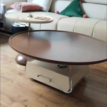 Traditional French Plank, Acrylic & Wood Round Trapezoid Coffee Table With 1-Drawer For Bedroom And Living Room