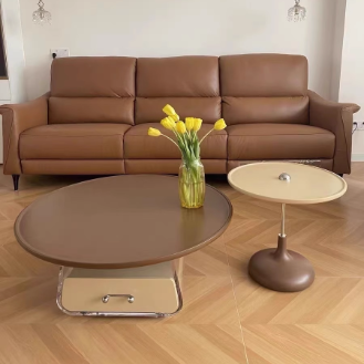 Traditional French Plank, Acrylic & Wood Round Trapezoid Coffee Table With 1-Drawer For Bedroom And Living Room
