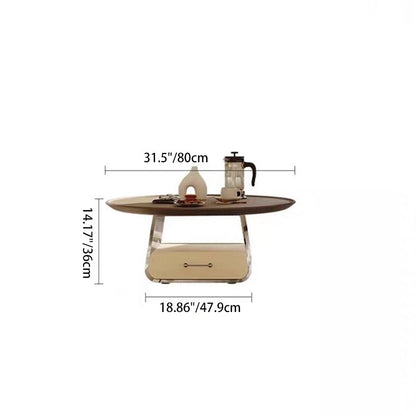 Traditional French Plank, Acrylic & Wood Round Trapezoid Coffee Table With 1-Drawer For Bedroom And Living Room