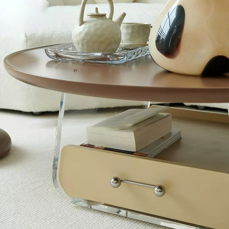 Traditional French Plank, Acrylic & Wood Round Trapezoid Coffee Table With 1-Drawer For Bedroom And Living Room