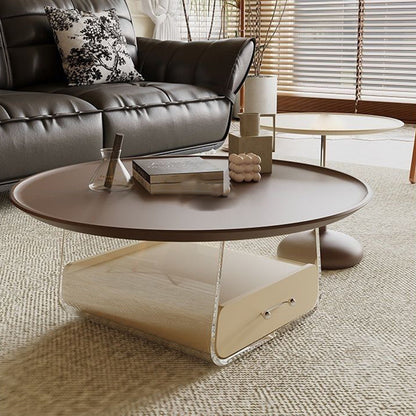 Traditional French Plank, Acrylic & Wood Round Trapezoid Coffee Table With 1-Drawer For Bedroom And Living Room
