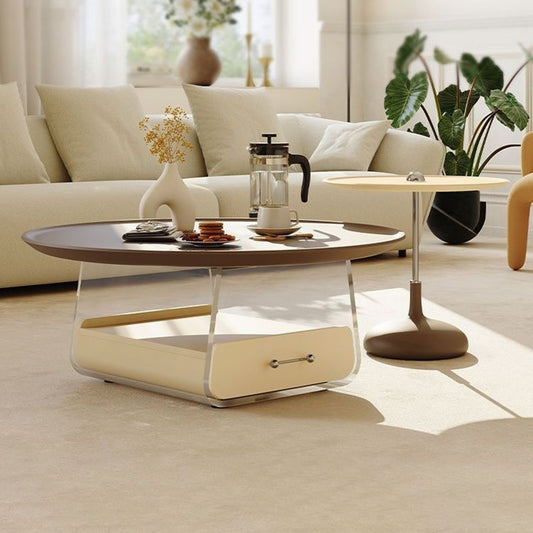 Traditional French Plank, Acrylic & Wood Round Trapezoid Coffee Table With 1-Drawer For Bedroom And Living Room