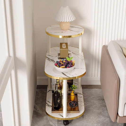 Modern Minimalist Rock Slab & Wood Oval Side Table With 3-Tier Storage For Bedroom And Living Room