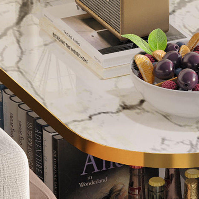 Modern Minimalist Rock Slab & Wood Oval Side Table With 3-Tier Storage For Bedroom And Living Room