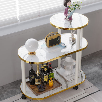 Modern Minimalist Rock Slab & Wood Oval Side Table With 3-Tier Storage For Bedroom And Living Room