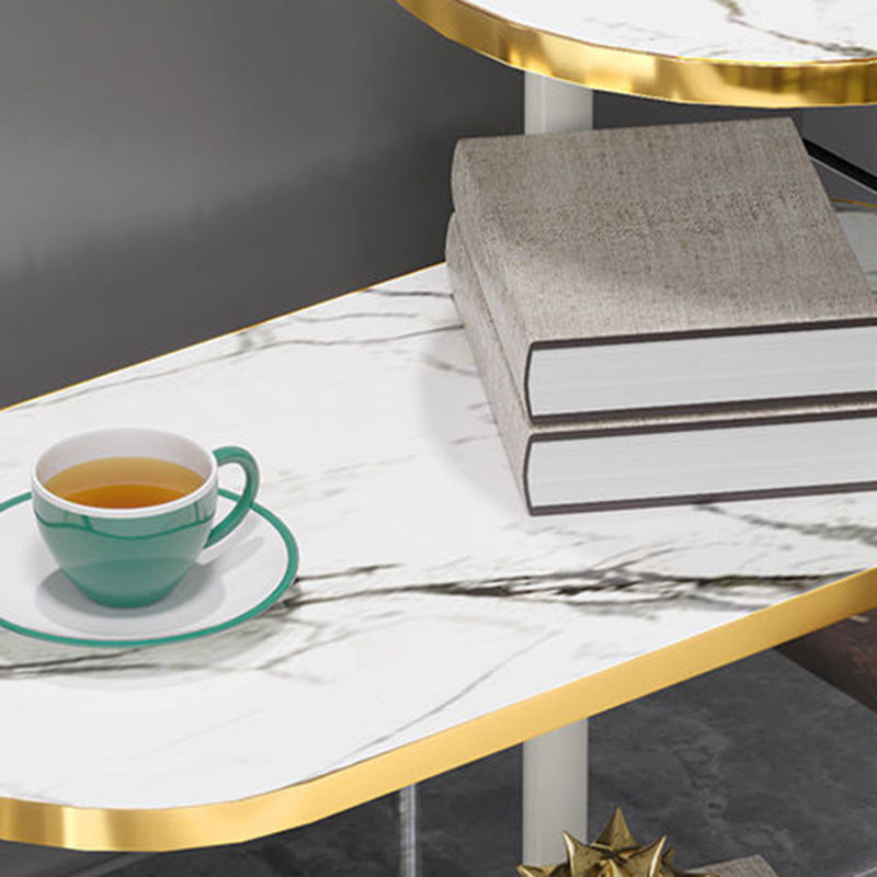 Modern Minimalist Rock Slab & Wood Oval Side Table With 3-Tier Storage For Bedroom And Living Room