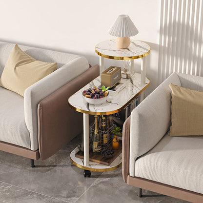 Modern Minimalist Rock Slab & Wood Oval Side Table With 3-Tier Storage For Bedroom And Living Room