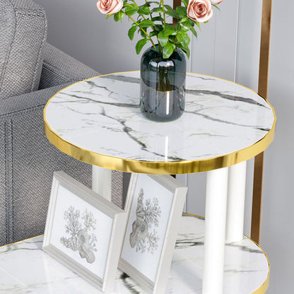 Modern Minimalist Rock Slab & Wood Oval Side Table With 3-Tier Storage For Bedroom And Living Room