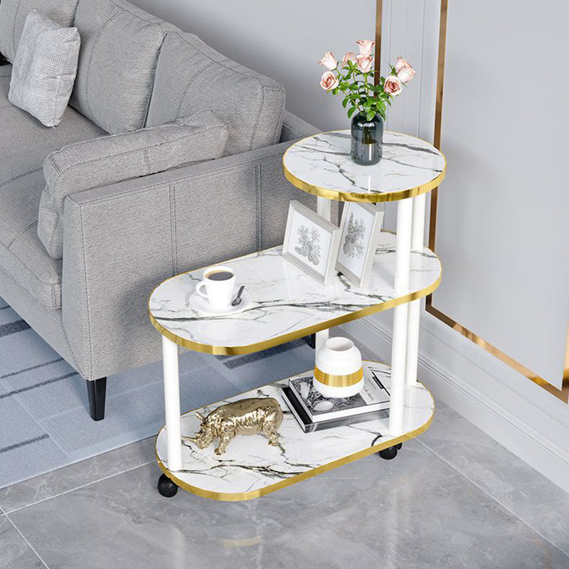 Modern Minimalist Rock Slab & Wood Oval Side Table With 3-Tier Storage For Bedroom And Living Room