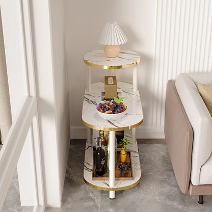 Modern Minimalist Rock Slab & Wood Oval Side Table With 3-Tier Storage For Bedroom And Living Room