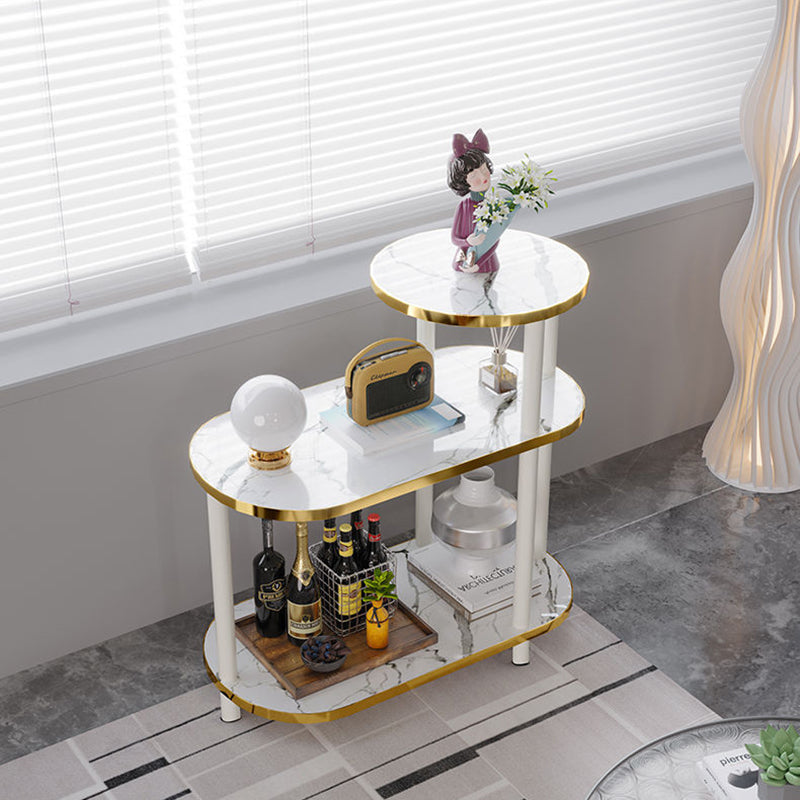 Modern Minimalist Rock Slab & Wood Oval Side Table With 3-Tier Storage For Bedroom And Living Room
