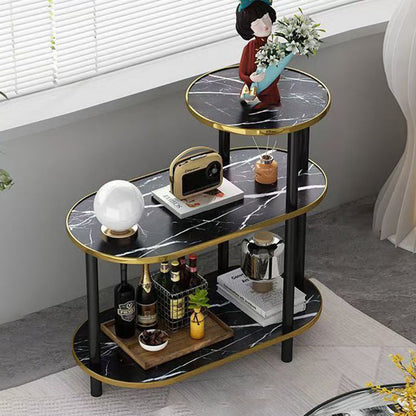 Modern Minimalist Rock Slab & Wood Oval Side Table With 3-Tier Storage For Bedroom And Living Room