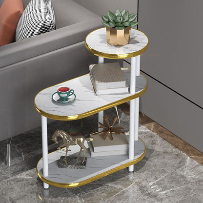 Modern Minimalist Rock Slab & Wood Oval Side Table With 3-Tier Storage For Bedroom And Living Room