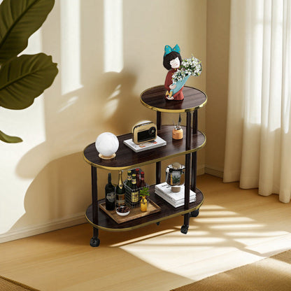 Modern Minimalist Rock Slab & Wood Oval Side Table With 3-Tier Storage For Bedroom And Living Room