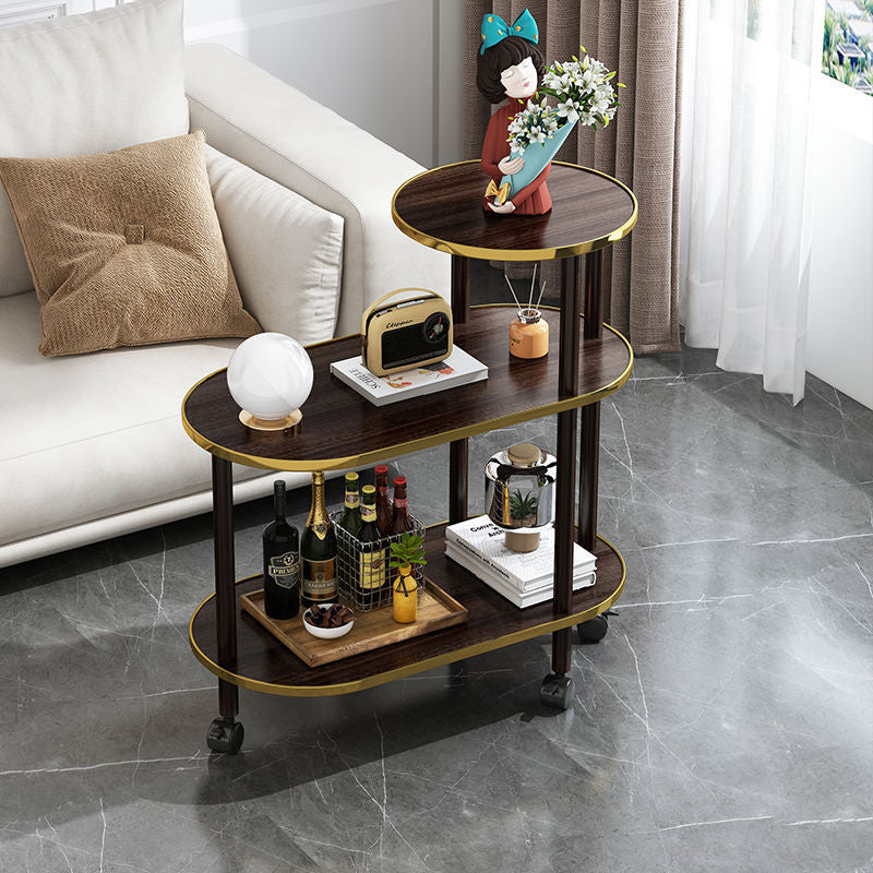 Modern Minimalist Rock Slab & Wood Oval Side Table With 3-Tier Storage For Bedroom And Living Room