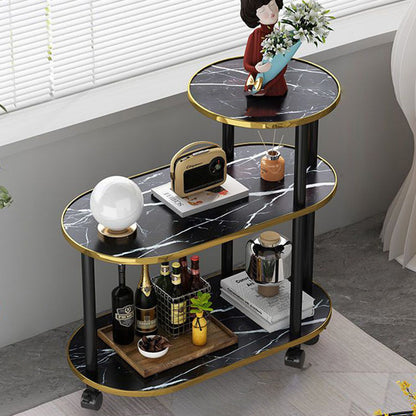 Modern Minimalist Rock Slab & Wood Oval Side Table With 3-Tier Storage For Bedroom And Living Room