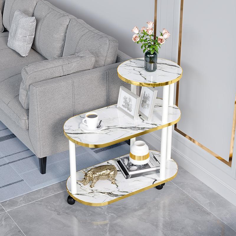 Modern Minimalist Rock Slab & Wood Oval Side Table With 3-Tier Storage For Bedroom And Living Room