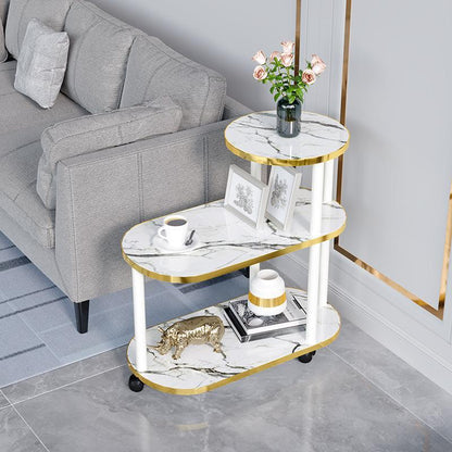 Modern Minimalist Rock Slab & Wood Oval Side Table With 3-Tier Storage For Bedroom And Living Room
