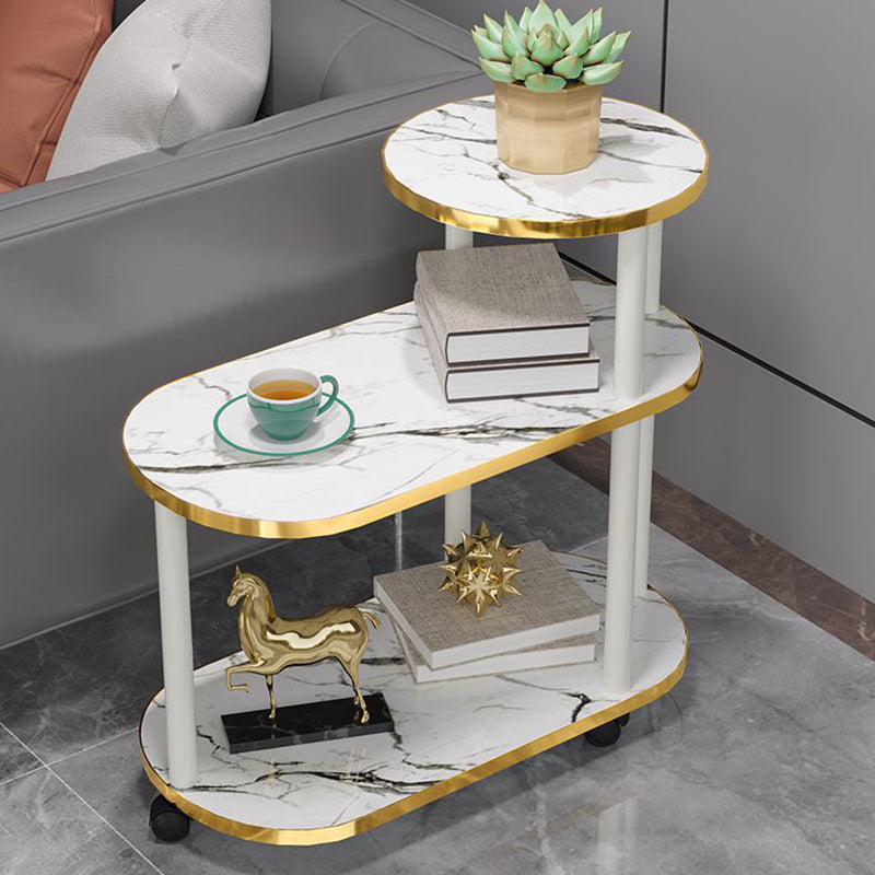 Modern Minimalist Rock Slab & Wood Oval Side Table With 3-Tier Storage For Bedroom And Living Room