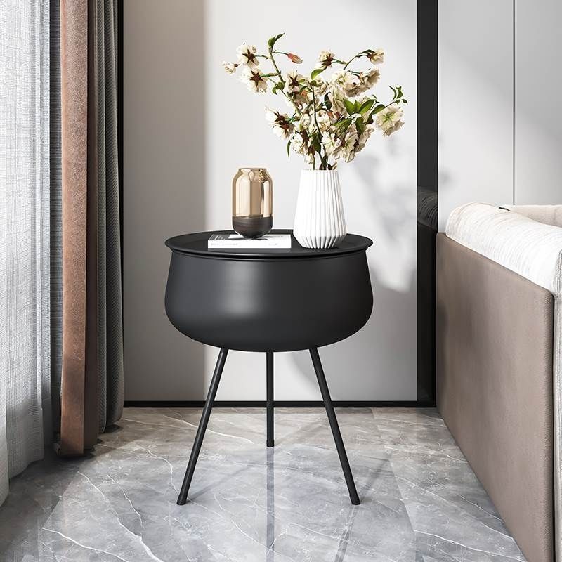 Contemporary Nordic Iron Round Nightstand With 1-Storage For Bedroom And Living Room