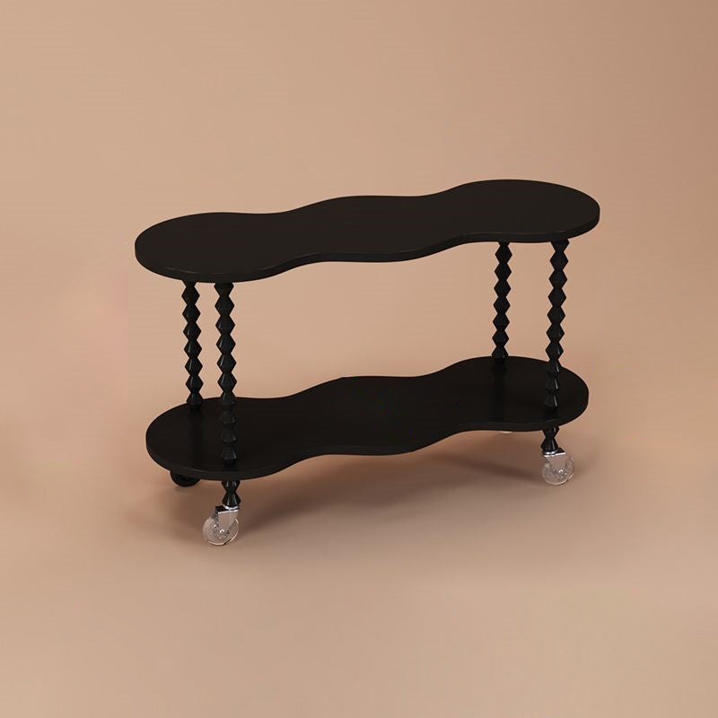 Traditional French Plank & Wood Oval Side Table With Wheels And 2-Tier Storage For Bedroom And Living Room