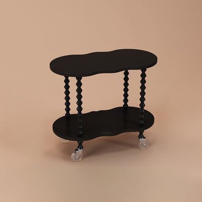 Traditional French Plank & Wood Oval Side Table With Wheels And 2-Tier Storage For Bedroom And Living Room