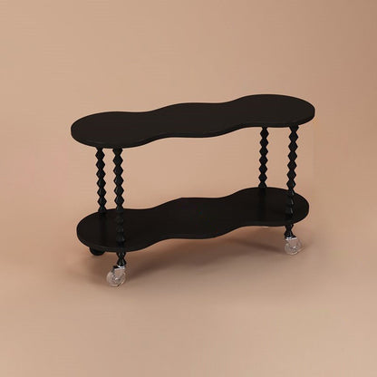 Traditional French Plank & Wood Oval Side Table With Wheels And 2-Tier Storage For Bedroom And Living Room