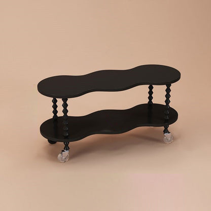Traditional French Plank & Wood Oval Side Table With Wheels And 2-Tier Storage For Bedroom And Living Room