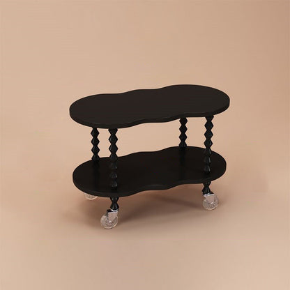 Traditional French Plank & Wood Oval Side Table With Wheels And 2-Tier Storage For Bedroom And Living Room