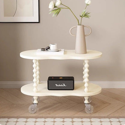 Traditional French Plank & Wood Oval Side Table With Wheels And 2-Tier Storage For Bedroom And Living Room