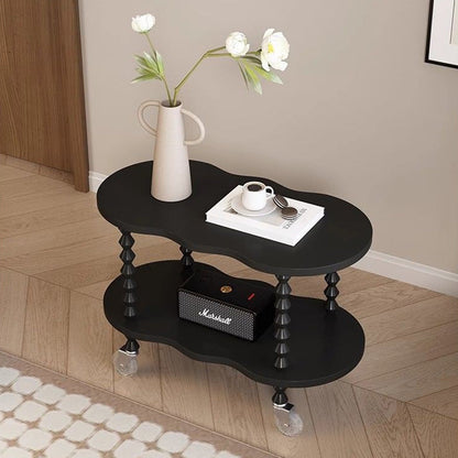 Traditional French Plank & Wood Oval Side Table With Wheels And 2-Tier Storage For Bedroom And Living Room