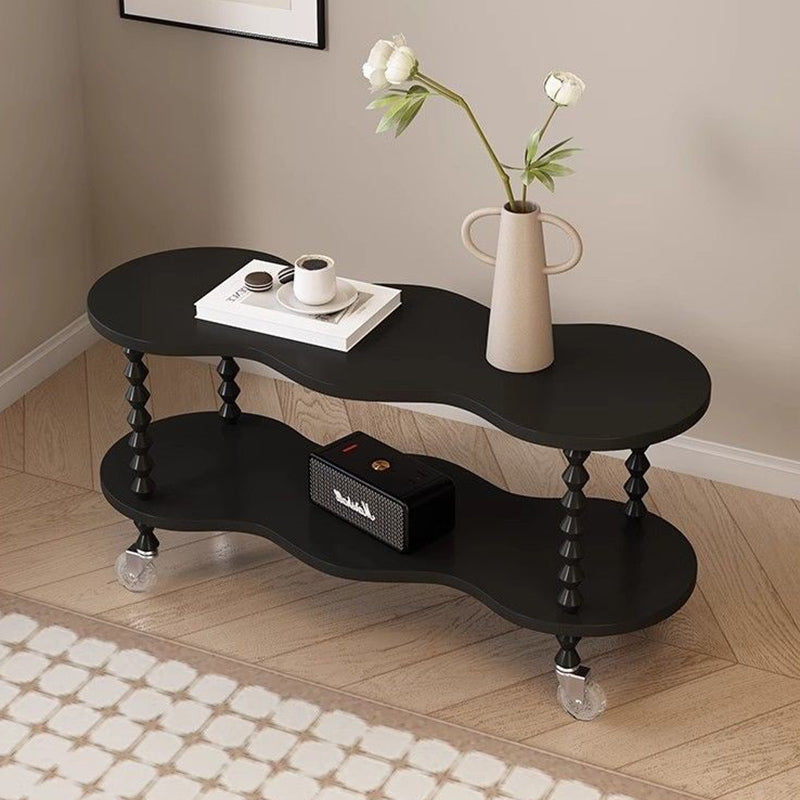 Traditional French Plank & Wood Oval Side Table With Wheels And 2-Tier Storage For Bedroom And Living Room
