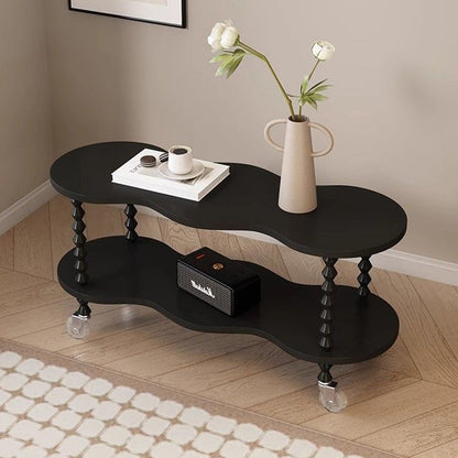 Traditional French Plank & Wood Oval Side Table With Wheels And 2-Tier Storage For Bedroom And Living Room