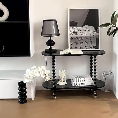 Traditional French Plank & Wood Oval Side Table With Wheels And 2-Tier Storage For Bedroom And Living Room