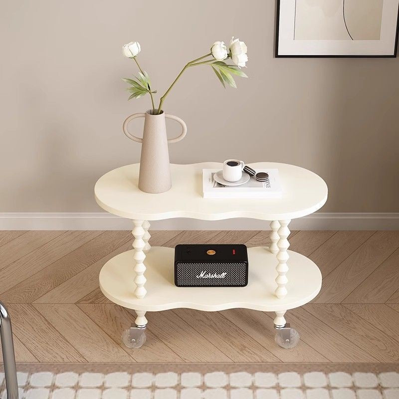 Traditional French Plank & Wood Oval Side Table With Wheels And 2-Tier Storage For Bedroom And Living Room