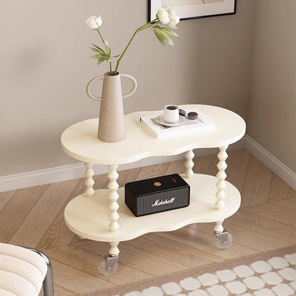 Traditional French Plank & Wood Oval Side Table With Wheels And 2-Tier Storage For Bedroom And Living Room