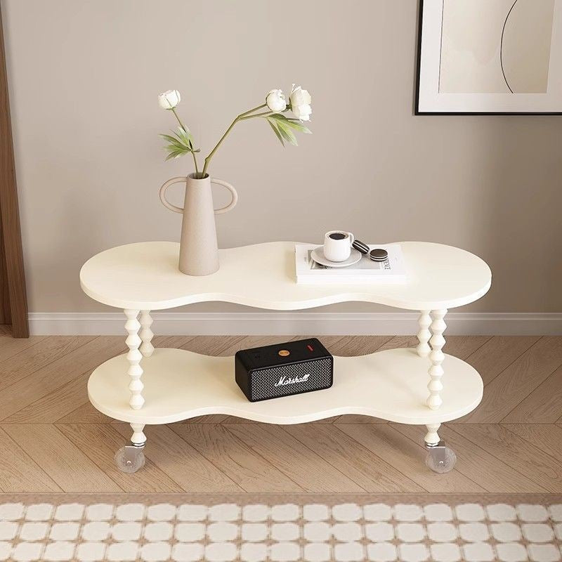 Traditional French Plank & Wood Oval Side Table With Wheels And 2-Tier Storage For Bedroom And Living Room
