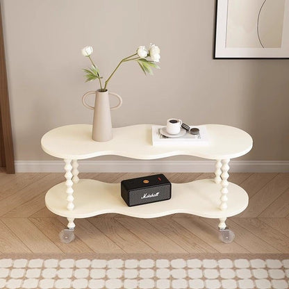 Traditional French Plank & Wood Oval Side Table With Wheels And 2-Tier Storage For Bedroom And Living Room