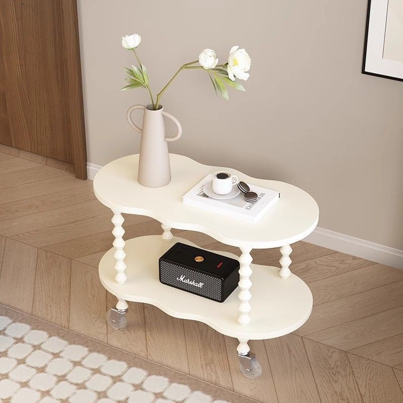 Traditional French Plank & Wood Oval Side Table With Wheels And 2-Tier Storage For Bedroom And Living Room