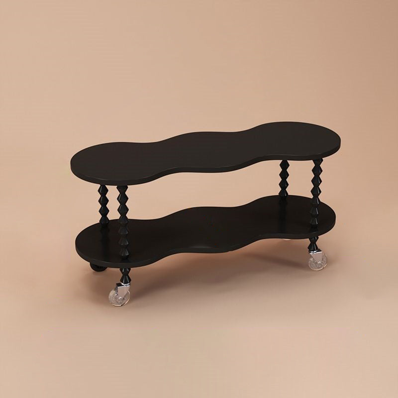 Traditional French Plank & Wood Oval Side Table With Wheels And 2-Tier Storage For Bedroom And Living Room