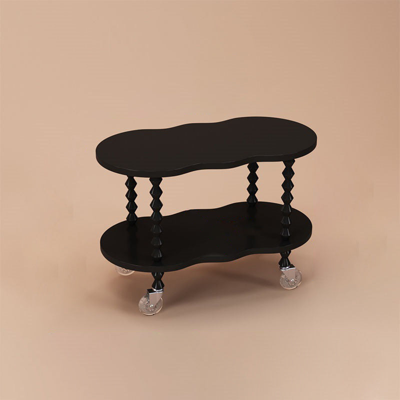 Traditional French Plank & Wood Oval Side Table With Wheels And 2-Tier Storage For Bedroom And Living Room