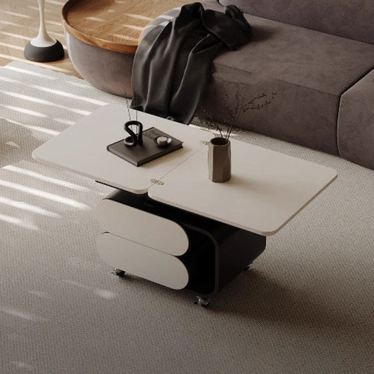 Contemporary Nordic Plank & Stainless Steel Square-Oval Coffee Table With Lift-Top For Living Room And Bedroom