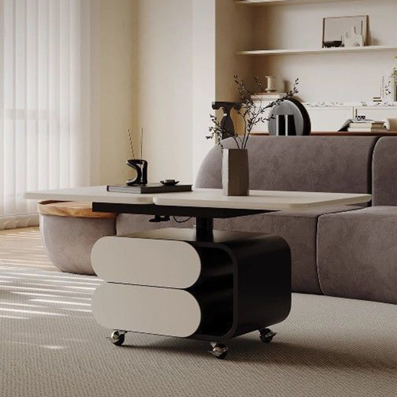 Contemporary Nordic Plank & Stainless Steel Square-Oval Coffee Table With Lift-Top For Living Room And Bedroom