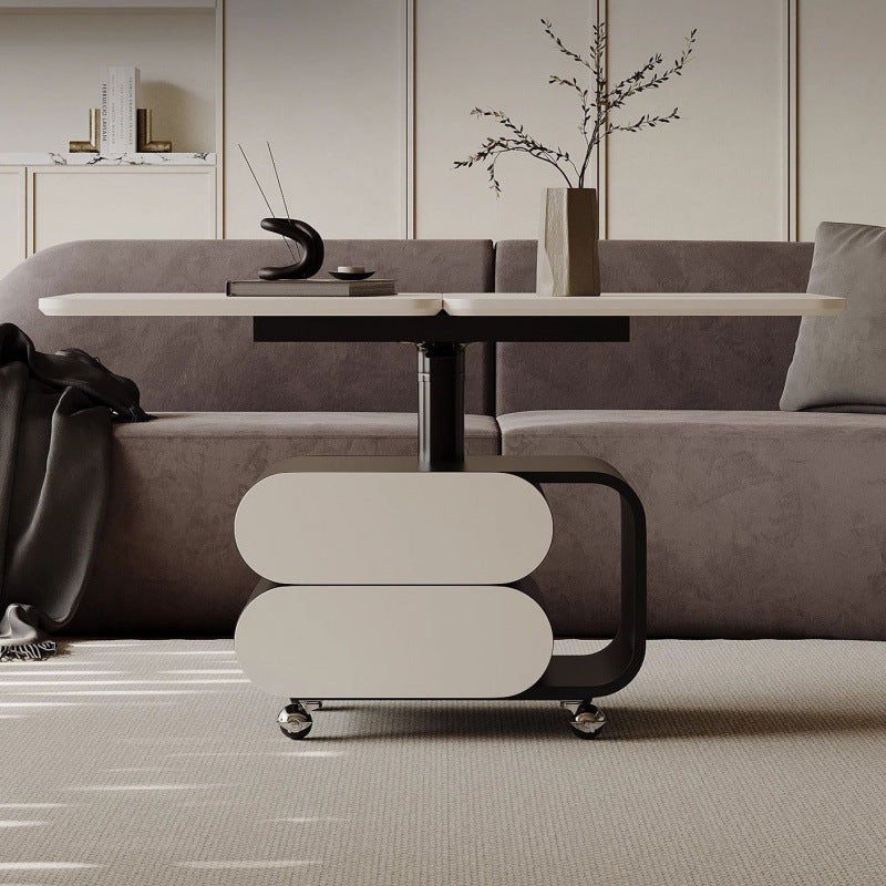 Contemporary Nordic Plank & Stainless Steel Square-Oval Coffee Table With Lift-Top For Living Room And Bedroom