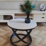 Contemporary Nordic Rock Slab & Iron Round Top X-Base Coffee Table For Living Room And Bedroom