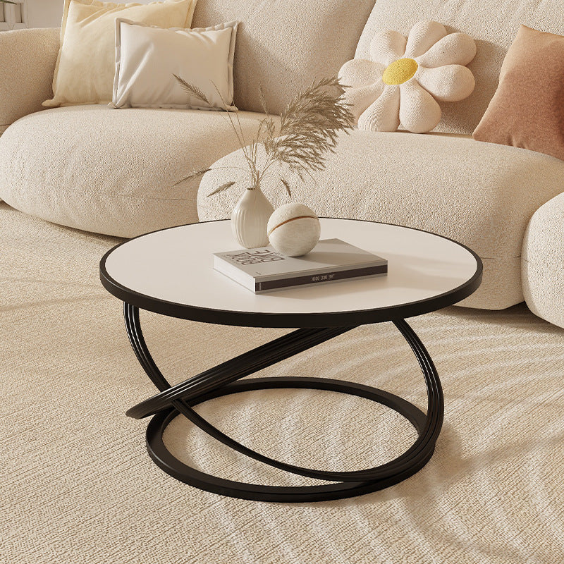 Contemporary Nordic Rock Slab & Iron Round Top X-Base Coffee Table For Living Room And Bedroom